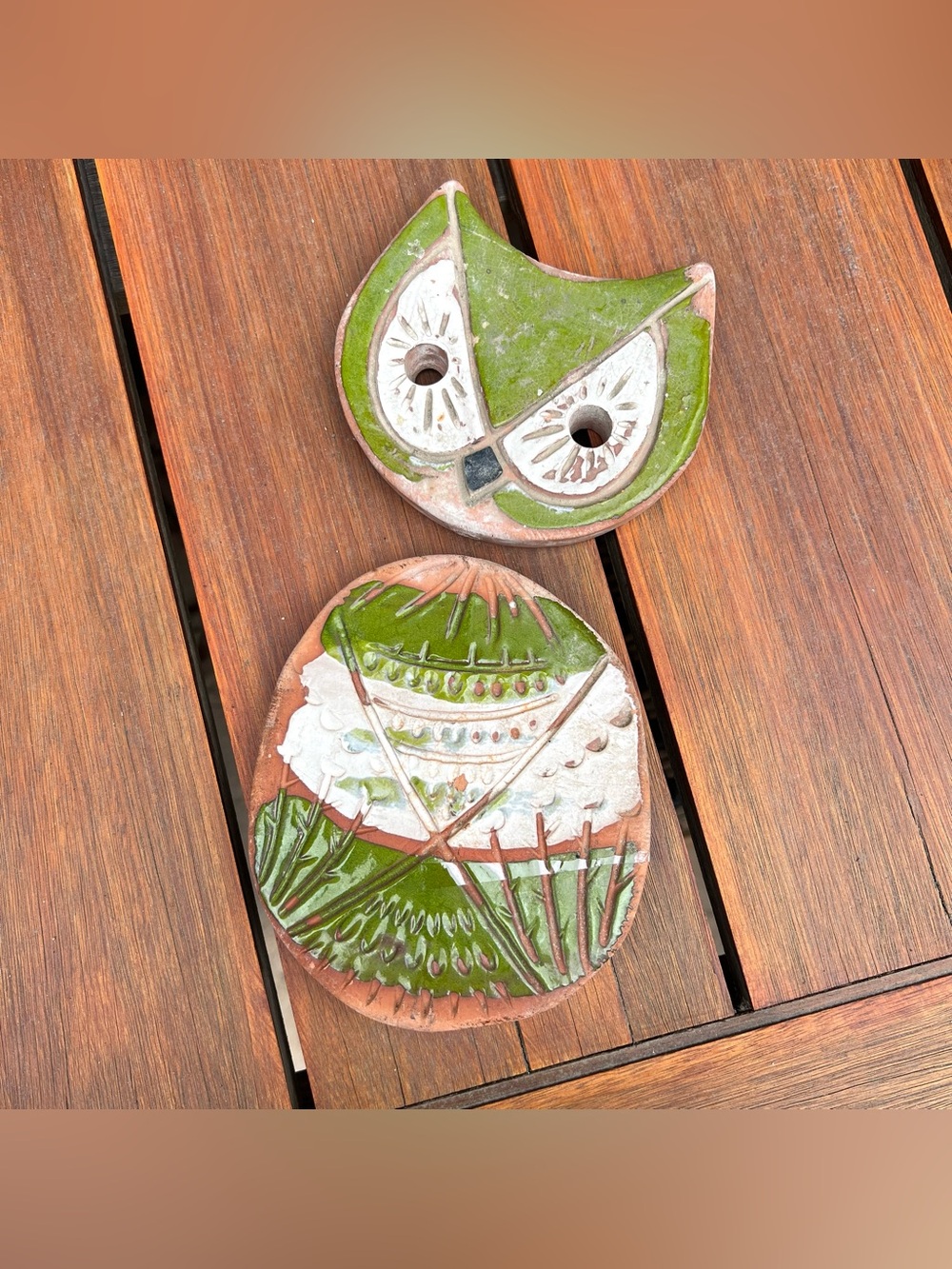 Vintage 1967 Pacific Stoneware Terracota Owl Bird Art Pottery Chime MCM Green